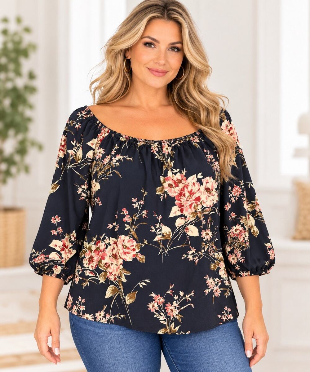 Chocolate Women’s Floral Blouse Navy Pink 3/4 Sleeve Peasant Boho Top Approx XL